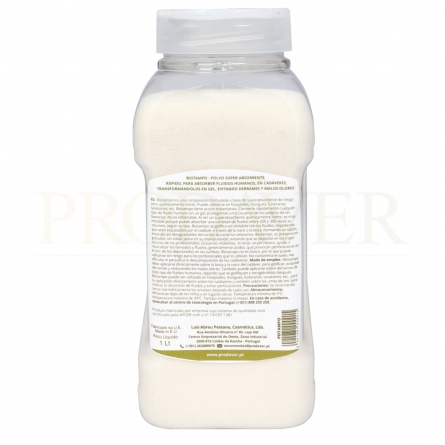 Vista da parte de trás da embalagem, Powder for use by funeral directors in the tamponing and tanatopraxia process, to prevent spillage from the nose and mouth